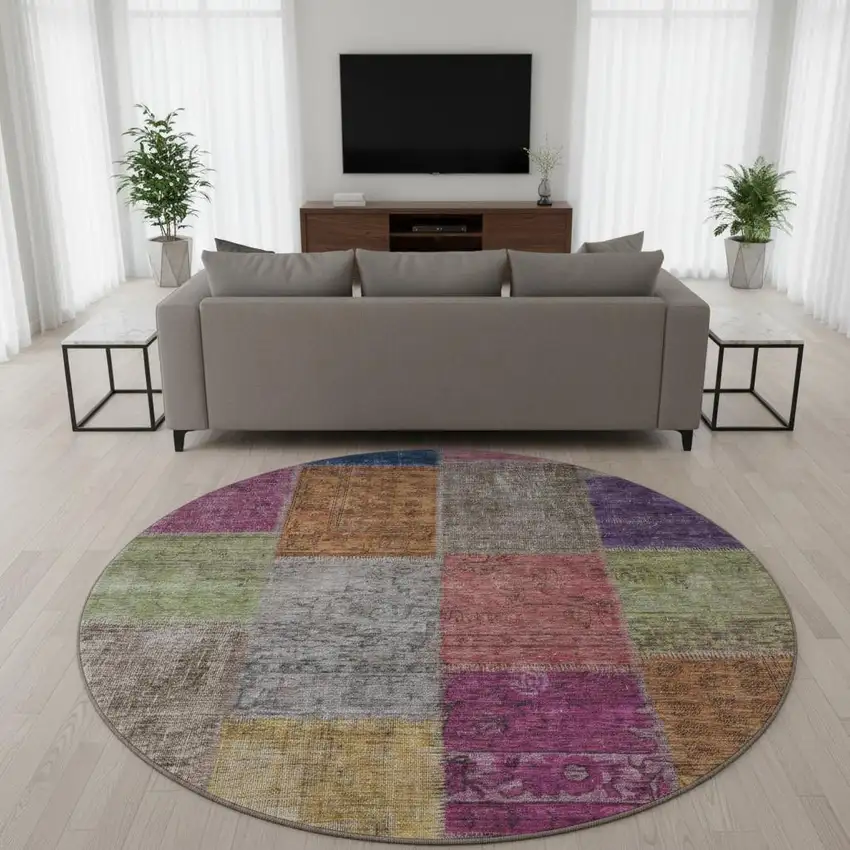8' Copper Blue And Purple Patchwork Washable Round Rug With UV Protection Photo 2