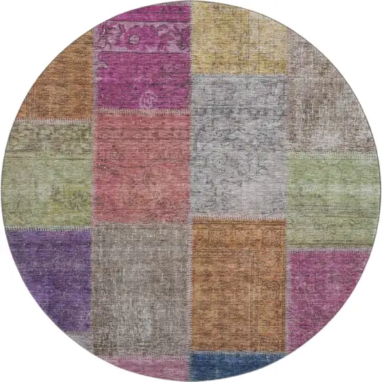 8' Copper Blue And Purple Patchwork Washable Round Rug With UV Protection Photo 1