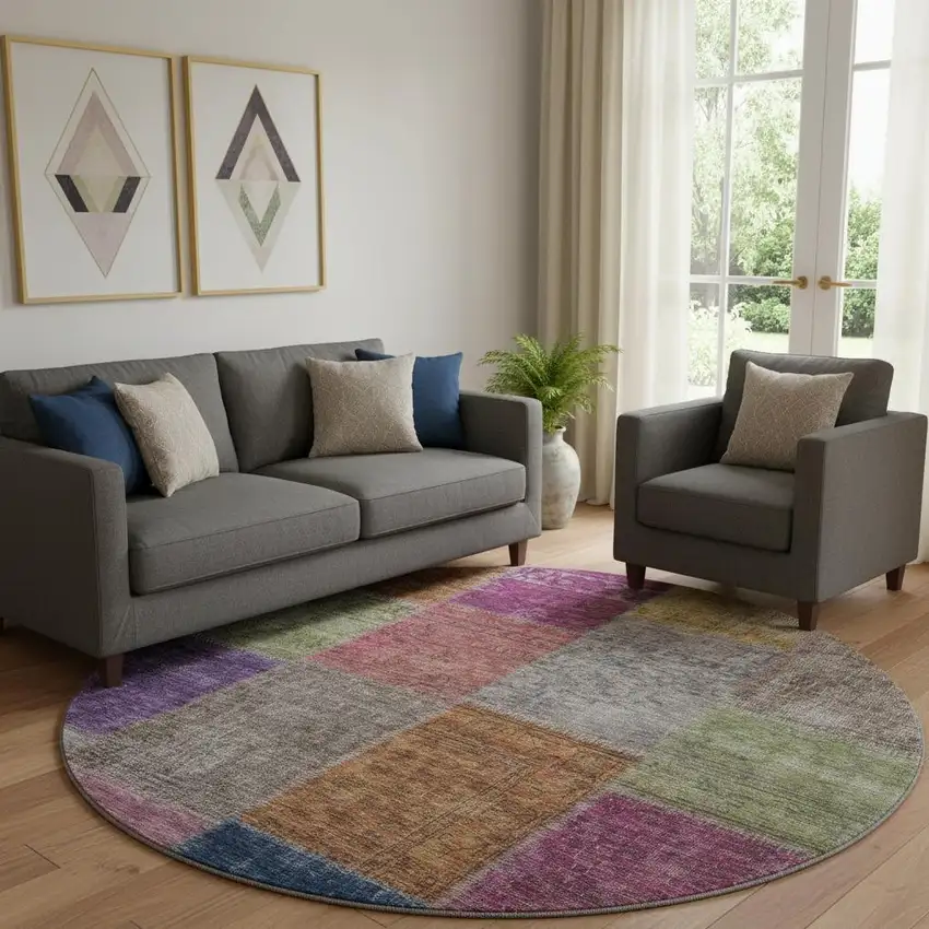 8' Copper Blue And Purple Patchwork Washable Round Rug With UV Protection Photo 1