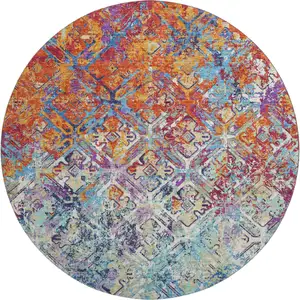 Photo of 8' Copper Blue And Red Diamond Washable Round Rug With UV Protection