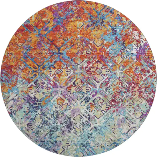 8' Copper Blue And Red Diamond Washable Round Rug With UV Protection Photo 1