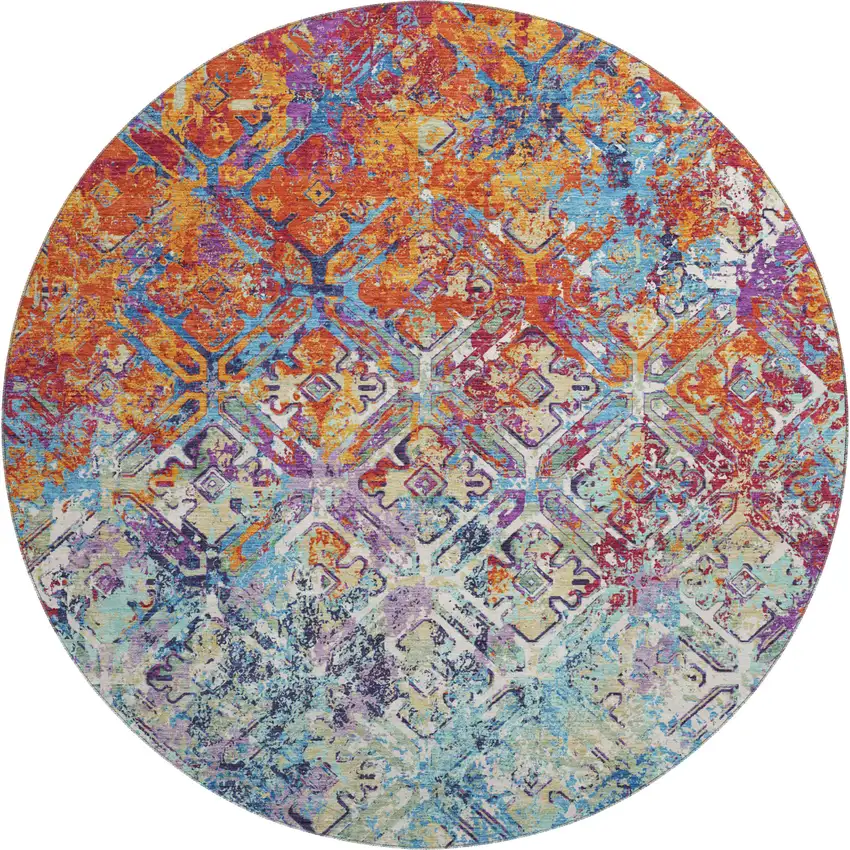 8' Copper Blue And Red Diamond Washable Round Rug With UV Protection Photo 1
