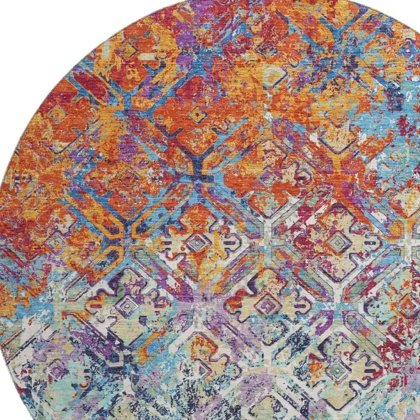 8' Copper Blue And Red Diamond Washable Round Rug With UV Protection Photo 3