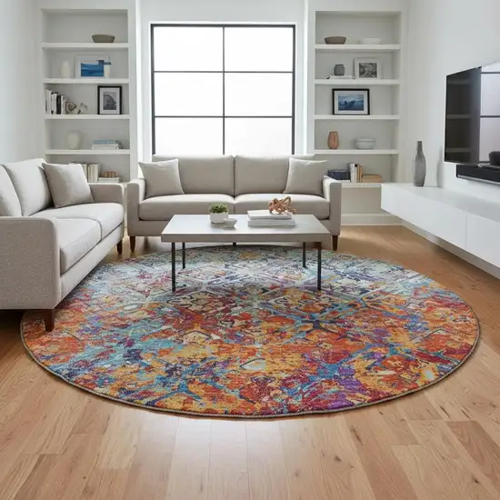 8' Copper Blue And Red Diamond Washable Round Rug With UV Protection Photo 2