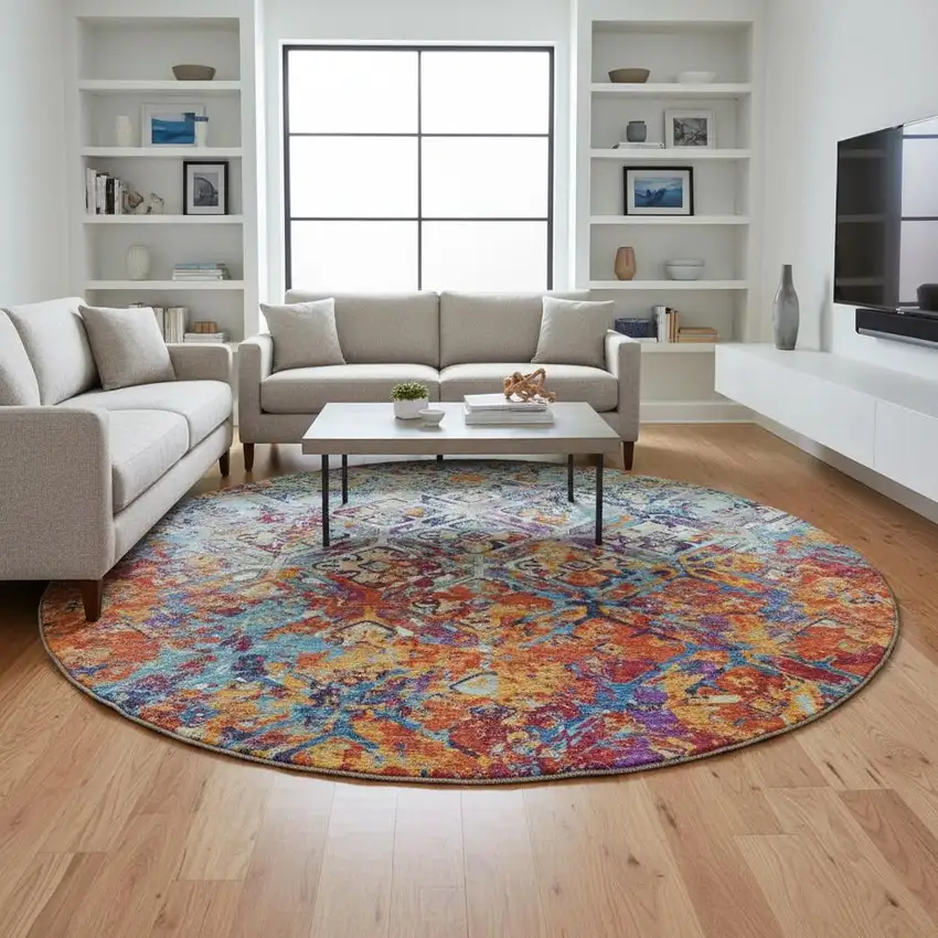 8' Copper Blue And Red Diamond Washable Round Rug With UV Protection Photo 2