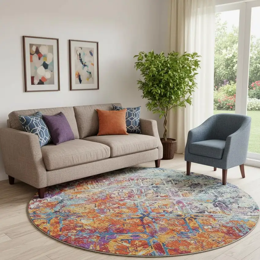 8' Copper Blue And Red Diamond Washable Round Rug With UV Protection Photo 1