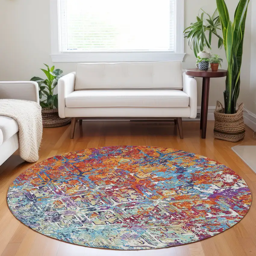8' Copper Blue And Red Diamond Washable Round Rug With UV Protection Photo 5