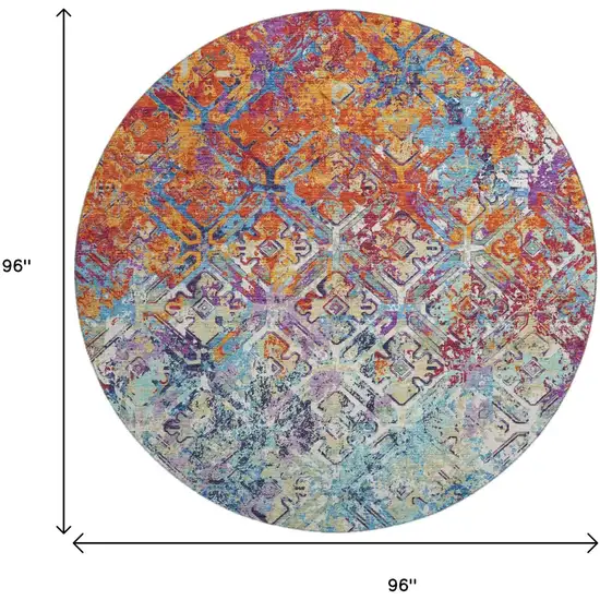 8' Copper Blue And Red Diamond Washable Round Rug With UV Protection Photo 3