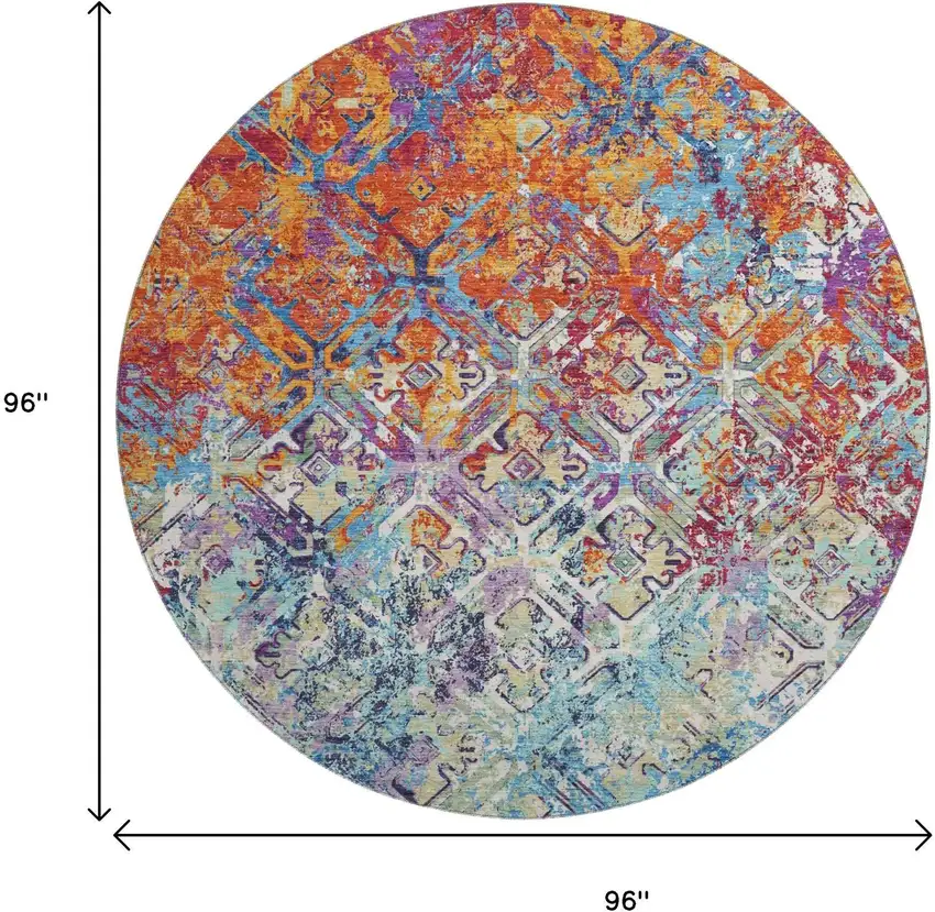 8' Copper Blue And Red Diamond Washable Round Rug With UV Protection Photo 3