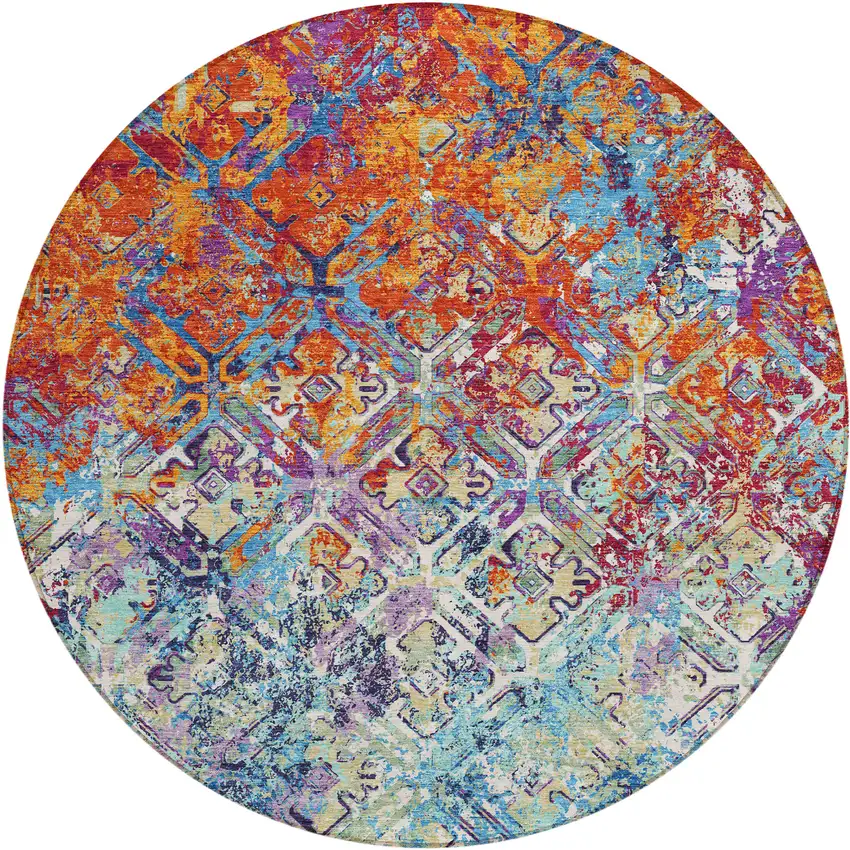 8' Copper Blue And Red Round Geometric Washable Indoor Outdoor Area Rug Photo 1