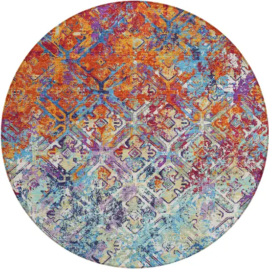 8' Copper Blue And Red Round Geometric Washable Indoor Outdoor Area Rug Photo 1