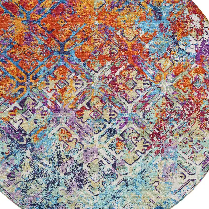 8' Copper Blue And Red Round Geometric Washable Indoor Outdoor Area Rug Photo 5