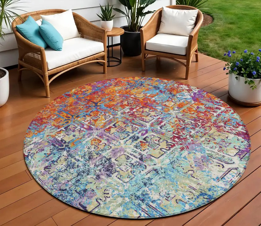 8' Copper Blue And Red Round Geometric Washable Indoor Outdoor Area Rug Photo 1