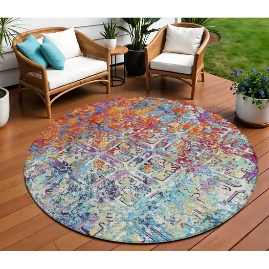 8' Copper Blue And Red Round Geometric Washable Indoor Outdoor Area Rug Photo 1