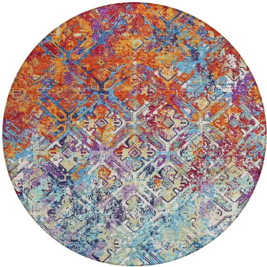 8' Copper Blue And Red Round Geometric Washable Indoor Outdoor Area Rug Photo 6