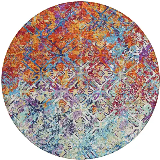 8' Copper Blue And Red Round Geometric Washable Indoor Outdoor Area Rug Photo 6