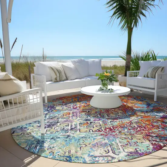 8' Copper Blue And Red Round Geometric Washable Indoor Outdoor Area Rug Photo 7
