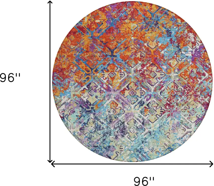 8' Copper Blue And Red Round Geometric Washable Indoor Outdoor Area Rug Photo 9