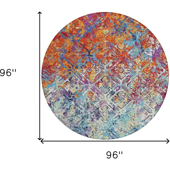 8' Copper Blue And Red Round Geometric Washable Indoor Outdoor Area Rug Photo 9