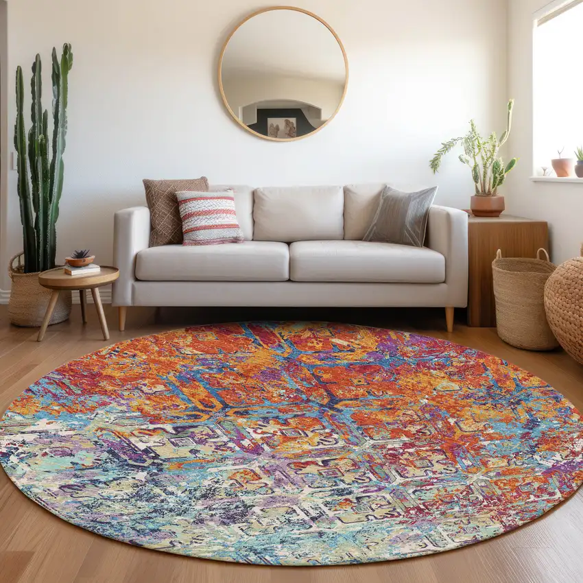8' Copper Blue And Red Round Geometric Washable Indoor Outdoor Area Rug Photo 8