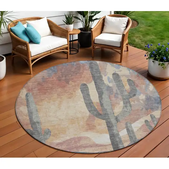 8' Copper Blue And Wheat Round Botanical Leaves Washable Indoor Outdoor Area Rug Photo 1