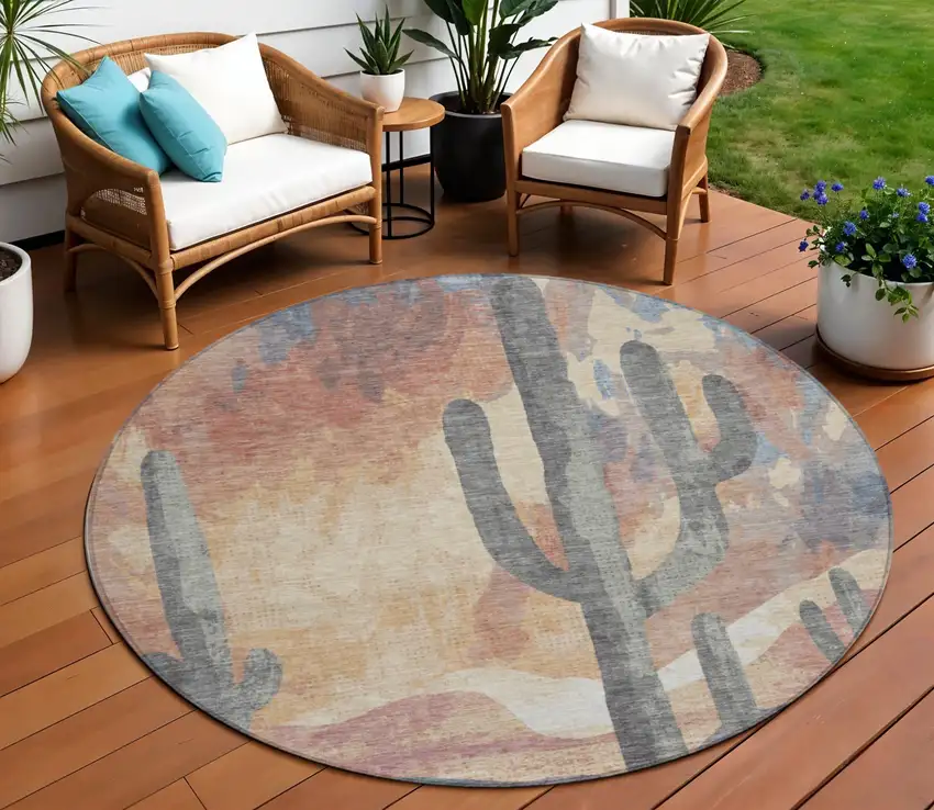 8' Copper Blue And Wheat Round Botanical Leaves Washable Indoor Outdoor Area Rug Photo 1