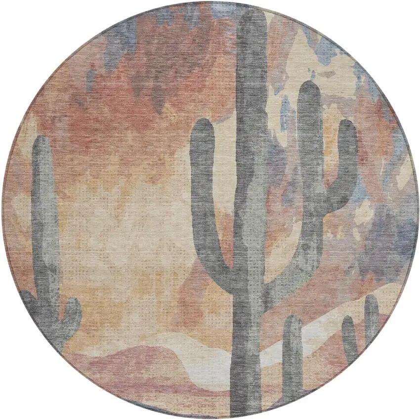8' Copper Blue And Wheat Round Botanical Leaves Washable Indoor Outdoor Area Rug Photo 2