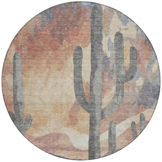 8' Copper Blue And Wheat Round Botanical Leaves Washable Indoor Outdoor Area Rug Photo 4