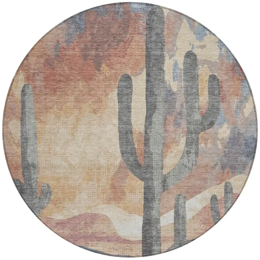 8' Copper Blue And Wheat Round Botanical Leaves Washable Indoor Outdoor Area Rug Photo 4