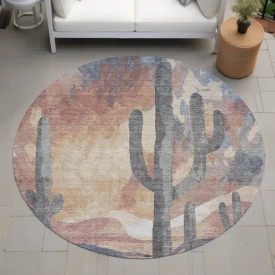 8' Copper Blue And Wheat Round Botanical Leaves Washable Indoor Outdoor Area Rug Photo 8