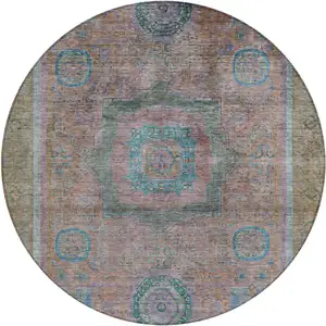 Photo of 8' Copper Blush And Teal Blue Round Oriental Washable Indoor Outdoor Area Rug