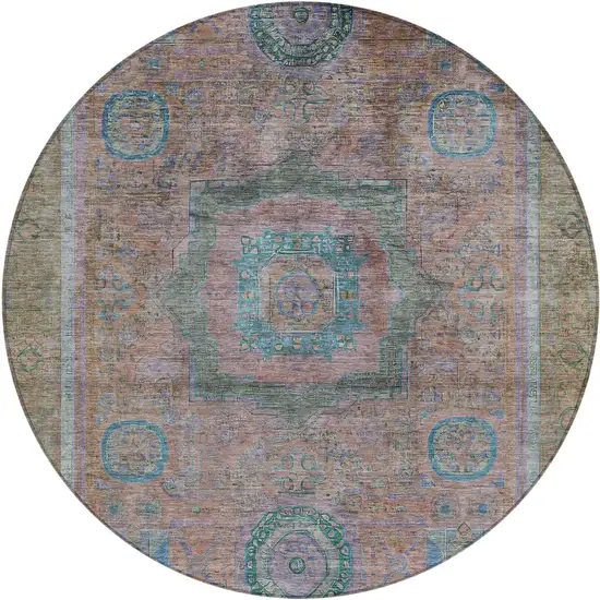 8' Copper Blush And Teal Blue Round Oriental Washable Indoor Outdoor Area Rug Photo 1