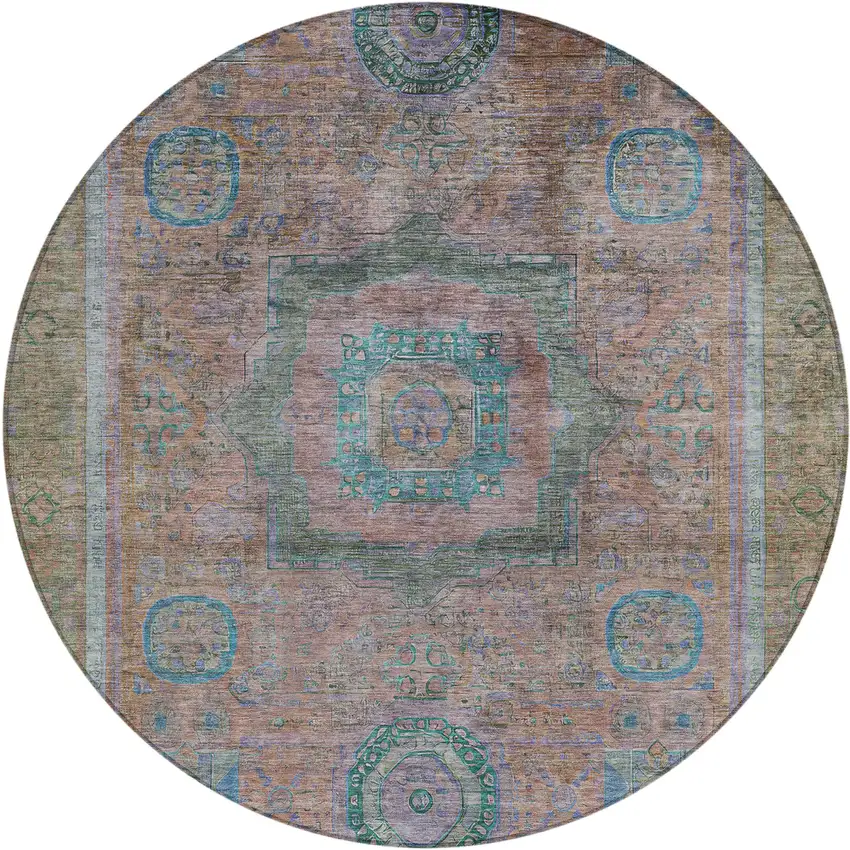 8' Copper Blush And Teal Blue Round Oriental Washable Indoor Outdoor Area Rug Photo 1