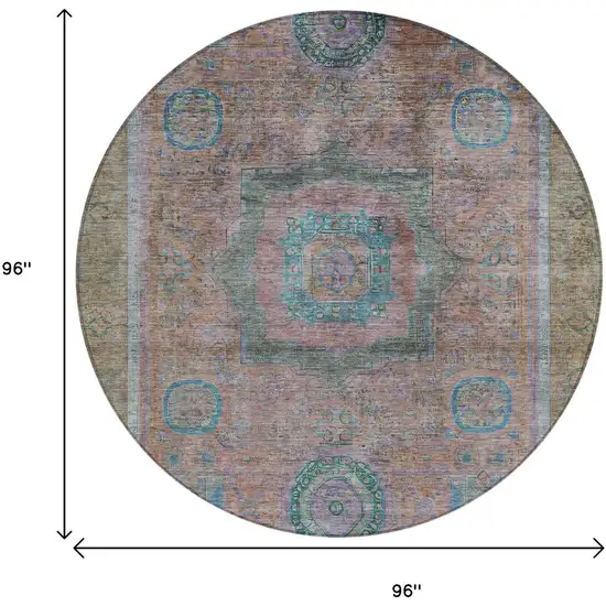 8' Copper Blush And Teal Blue Round Oriental Washable Indoor Outdoor Area Rug Photo 9