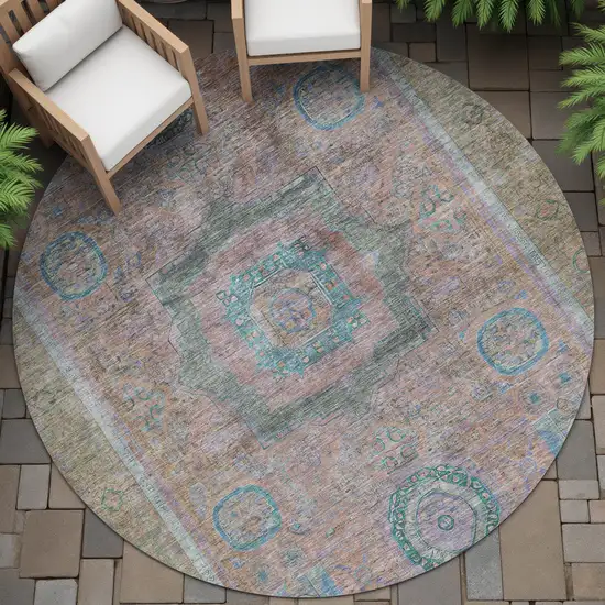 8' Copper Blush And Teal Blue Round Oriental Washable Indoor Outdoor Area Rug Photo 7