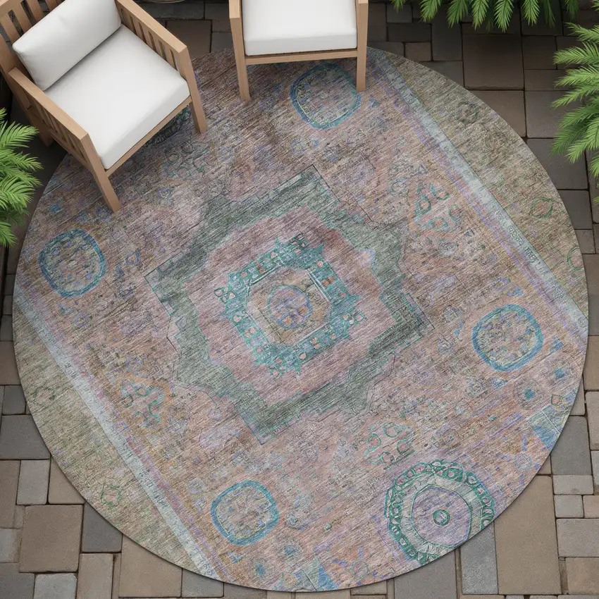 8' Copper Blush And Teal Blue Round Oriental Washable Indoor Outdoor Area Rug Photo 7
