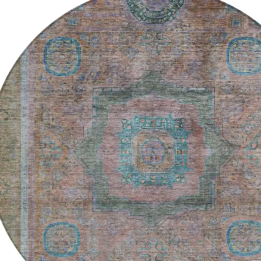 8' Copper Blush And Teal Blue Round Oriental Washable Indoor Outdoor Area Rug Photo 5