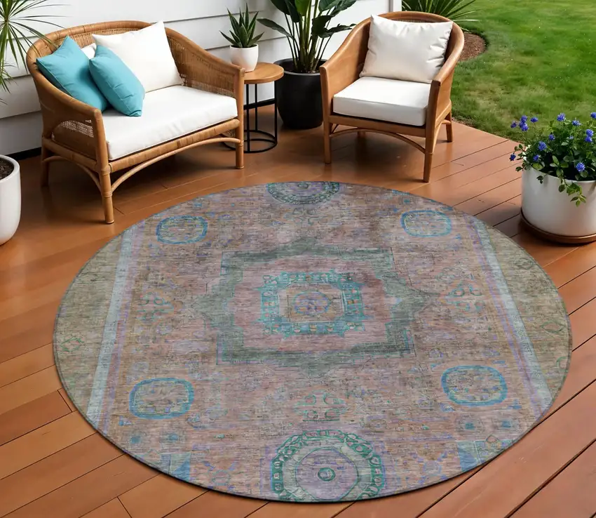 8' Copper Blush And Teal Blue Round Oriental Washable Indoor Outdoor Area Rug Photo 2