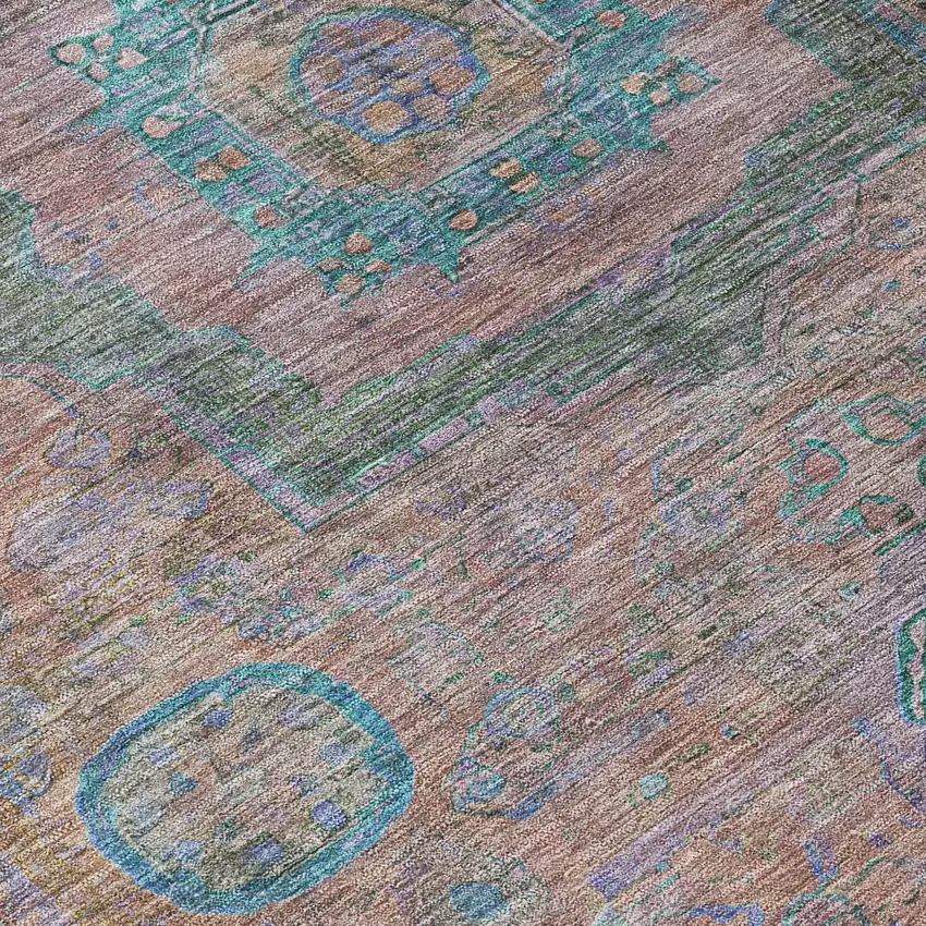 8' Copper Blush And Teal Blue Round Oriental Washable Indoor Outdoor Area Rug Photo 6