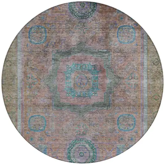8' Copper Blush And Teal Blue Round Oriental Washable Indoor Outdoor Area Rug Photo 3