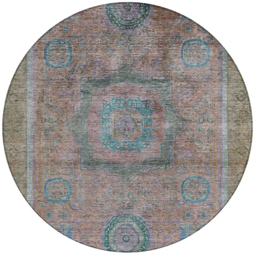 8' Copper Blush And Teal Blue Round Oriental Washable Indoor Outdoor Area Rug Photo 3