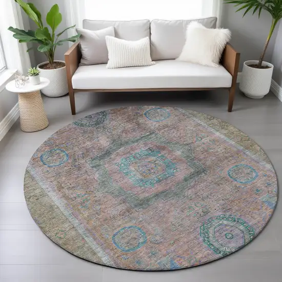 8' Copper Blush And Teal Blue Round Oriental Washable Indoor Outdoor Area Rug Photo 8