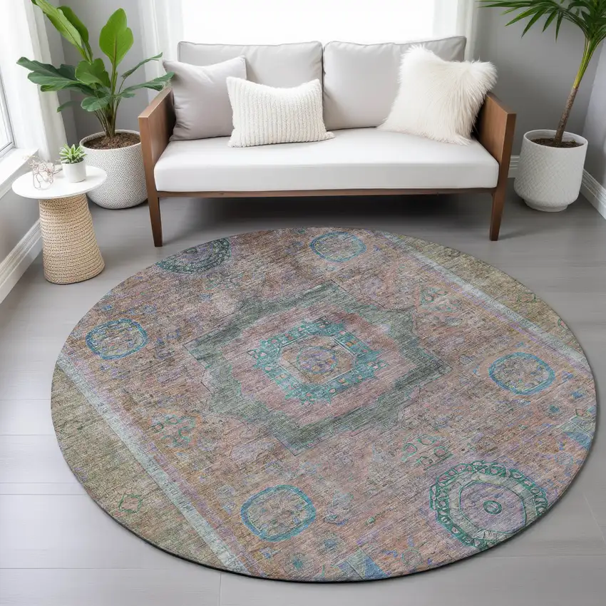 8' Copper Blush And Teal Blue Round Oriental Washable Indoor Outdoor Area Rug Photo 8
