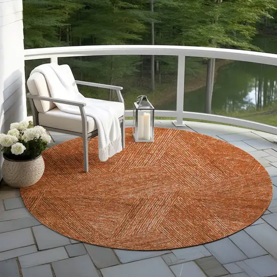 8' Copper Brown And Beige Round Abstract Washable Indoor Outdoor Area Rug Photo 6