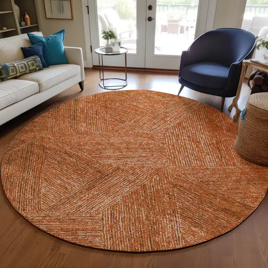 8' Copper Brown And Beige Round Abstract Washable Indoor Outdoor Area Rug Photo 7