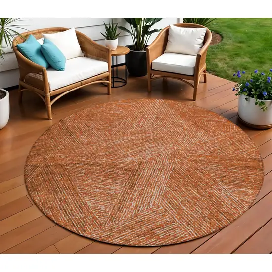 8' Copper Brown And Beige Round Abstract Washable Indoor Outdoor Area Rug Photo 1