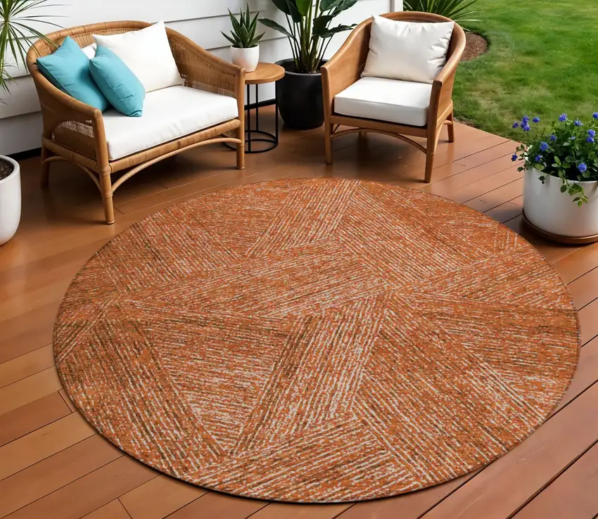 8' Copper Brown And Beige Round Abstract Washable Indoor Outdoor Area Rug Photo 1