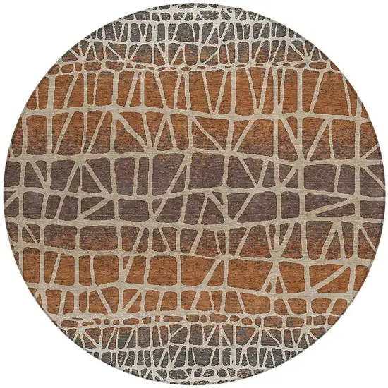 8' Copper Brown And Beige Round Geometric Washable Indoor Outdoor Area Rug Photo 3