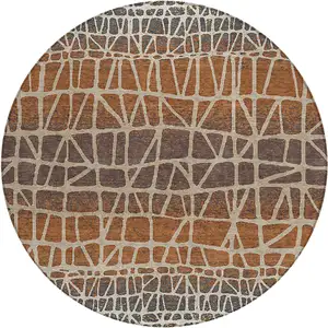 Photo of 8' Copper Brown And Beige Round Geometric Washable Indoor Outdoor Area Rug