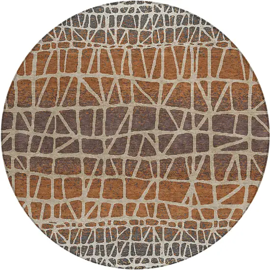 8' Copper Brown And Beige Round Geometric Washable Indoor Outdoor Area Rug Photo 1